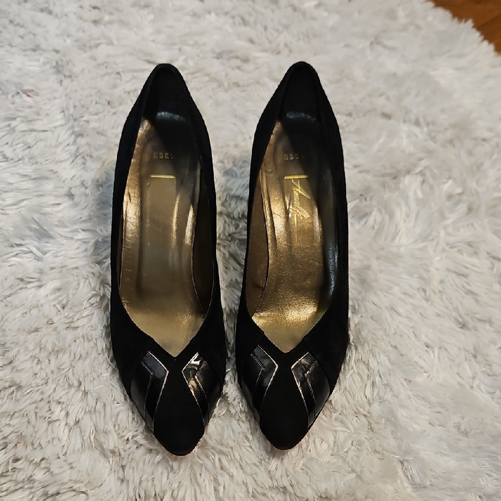 Ebel‎ Amali Black Suede Leather Pointed Toe Stiletto Heels Dress Shoes ,SZ 8.5AA